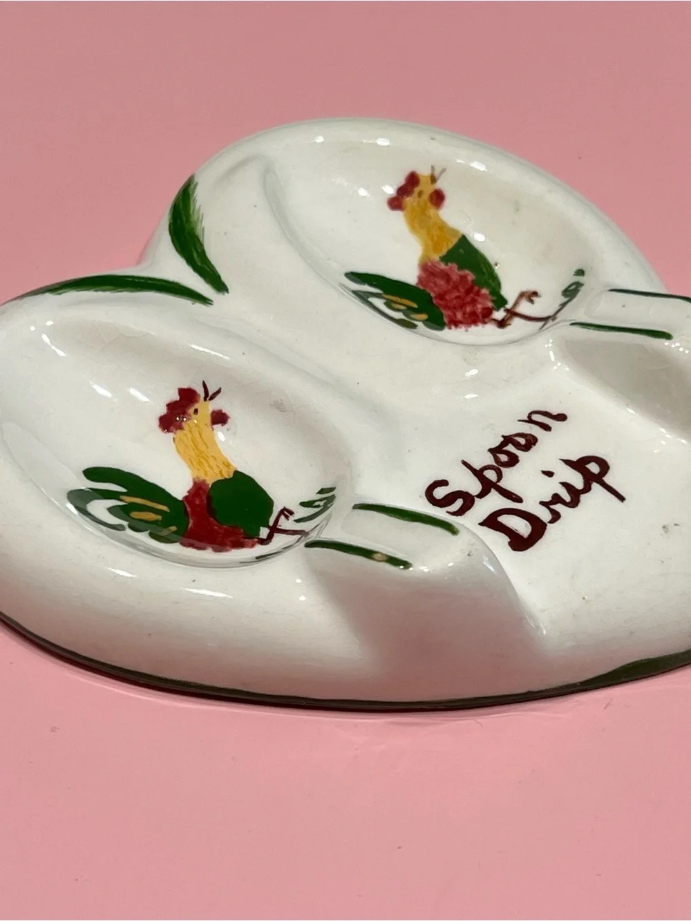 Vintage 50s Heart Shaped Double Spoon Rest Rooster MCM Country Farmhouse Kitschy